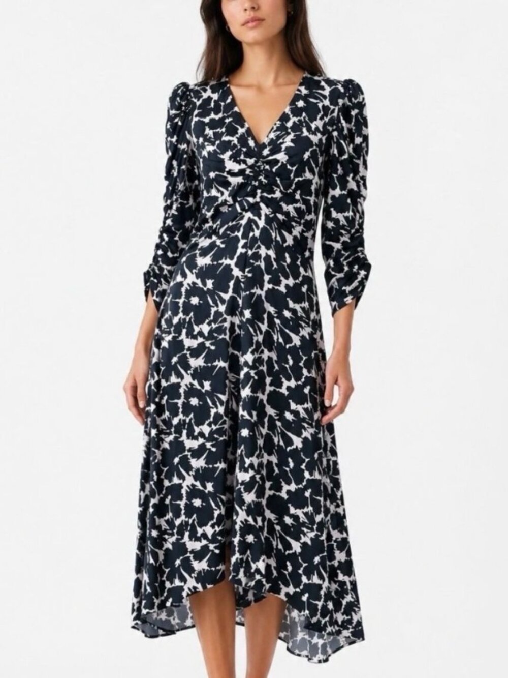 Gap Black White Floral V-Neck Ruched Midi Dress XS